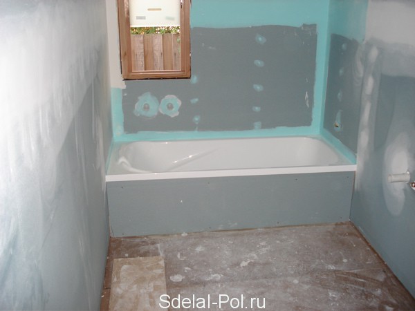Стены ванной выровненные гипсокартоном Стены ванной выровненные гипсокартоном